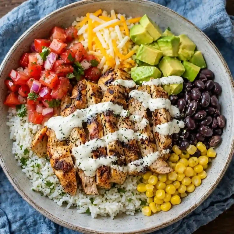 Grilled Chicken Burrito Bowl with grilled chicken, rice, avocado, black beans, and corn